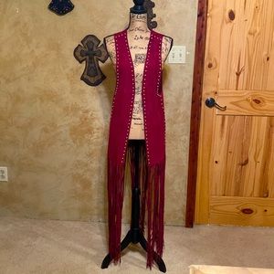 Western Boho Burgundy faux suede fringe vest. Embellished silver studs